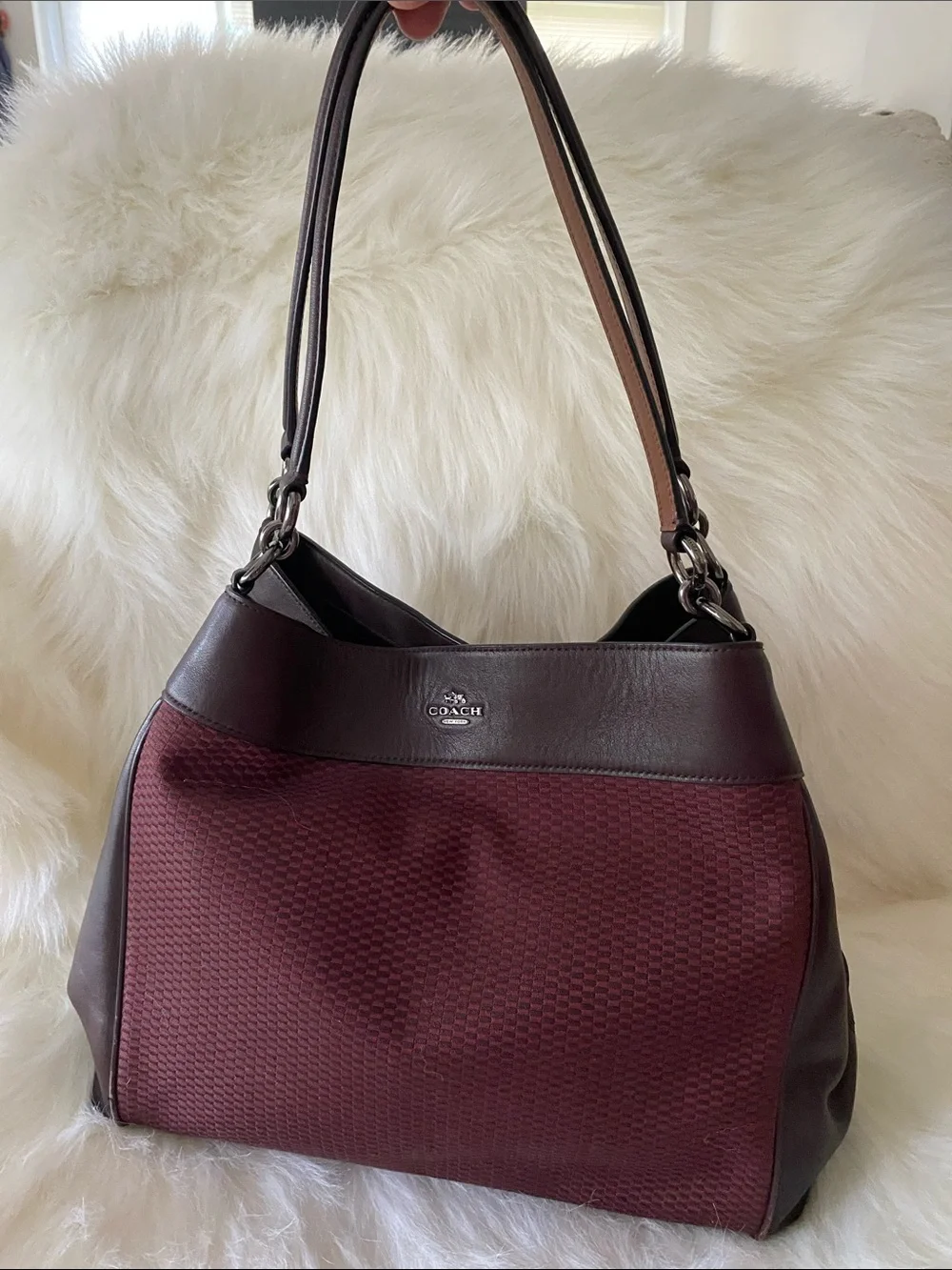 Coach Lexy Carryall Shoulder Bag in Dark Maroon Canvas and Oxblood Leather Trim